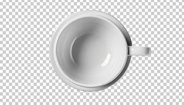 Taza y platillo blancos vacíos aislados sobre un fondo transparente