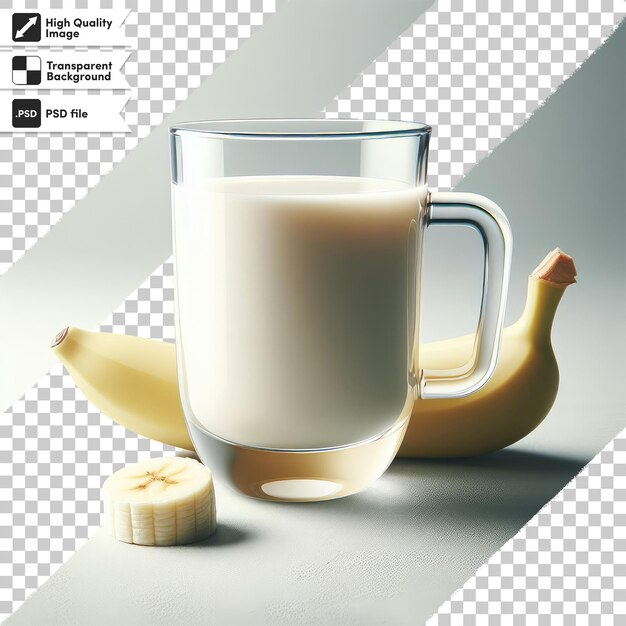 Taza psd de leche y plátano sobre un fondo transparente