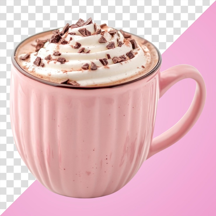 PSD taza rosa de png con bebida de cacao caliente y bebida de chocolate