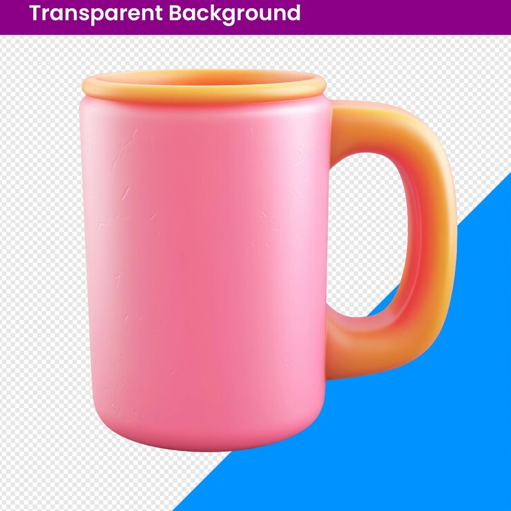 PSD taza rosada de colores con borde naranja sobre un fondo transparente