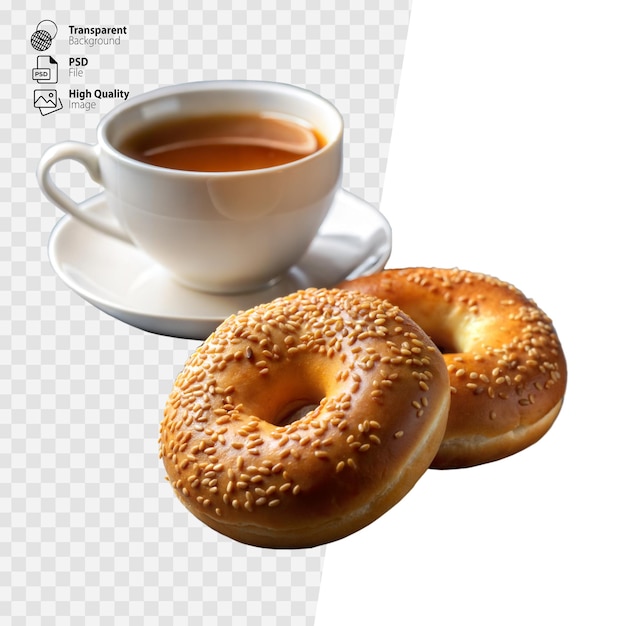 PSD taza de té con dos bagels de sésamo en un plato blanco contra un fondo transparente