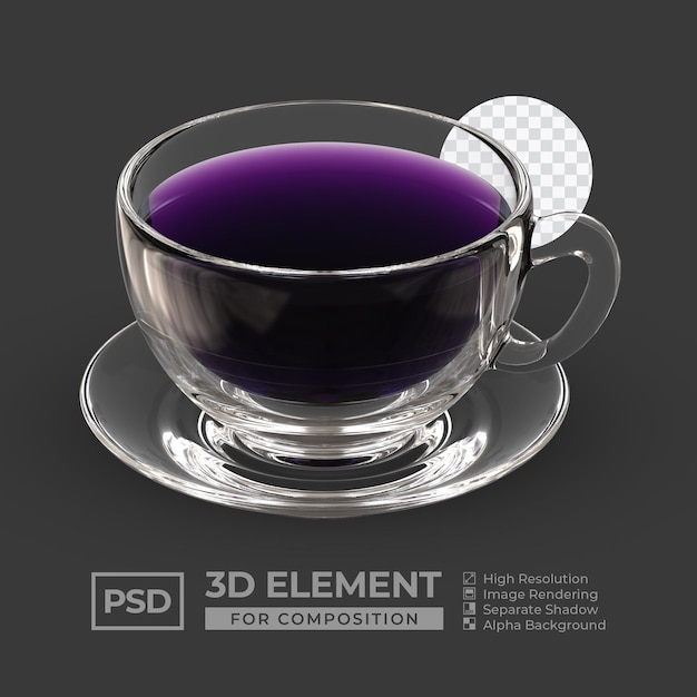 Taza de té de grosella negra de vidrio 3D realista para composición psd premium