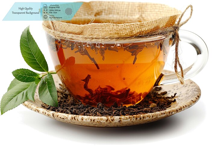 PSD una taza de té con una hoja y una hoja en ella