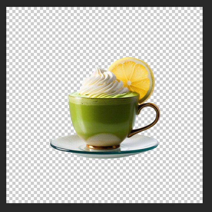 PSD una taza de té matcha verde con crema batida y un limón en un fondo transparente