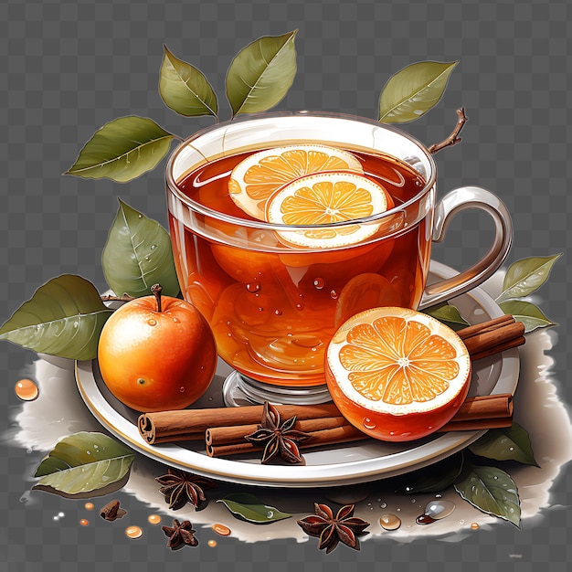 Una taza de té con naranjas y canela en un plato