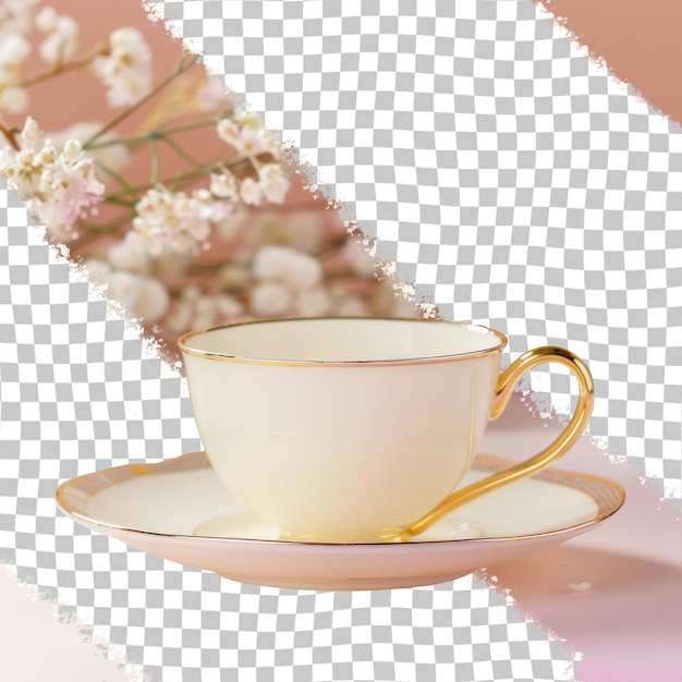 PSD una taza de té está en un platillo con un patrón de flores