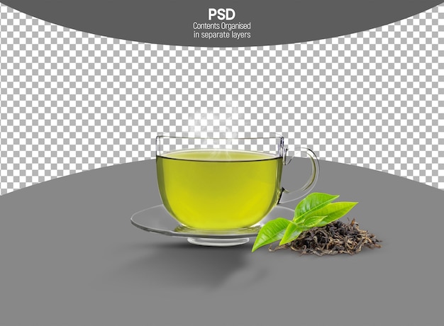 Taza de té verde con hojas de té aisladas en un fondo transparente