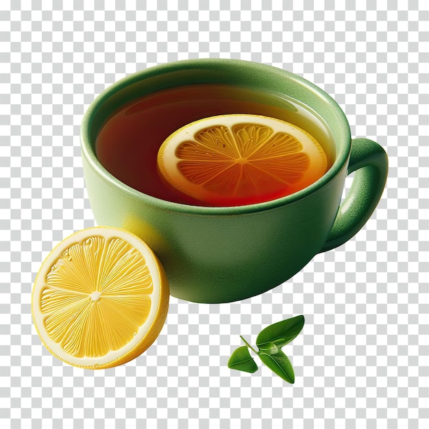 PSD una taza de té verde con una rebanada de limón en un fondo transparente