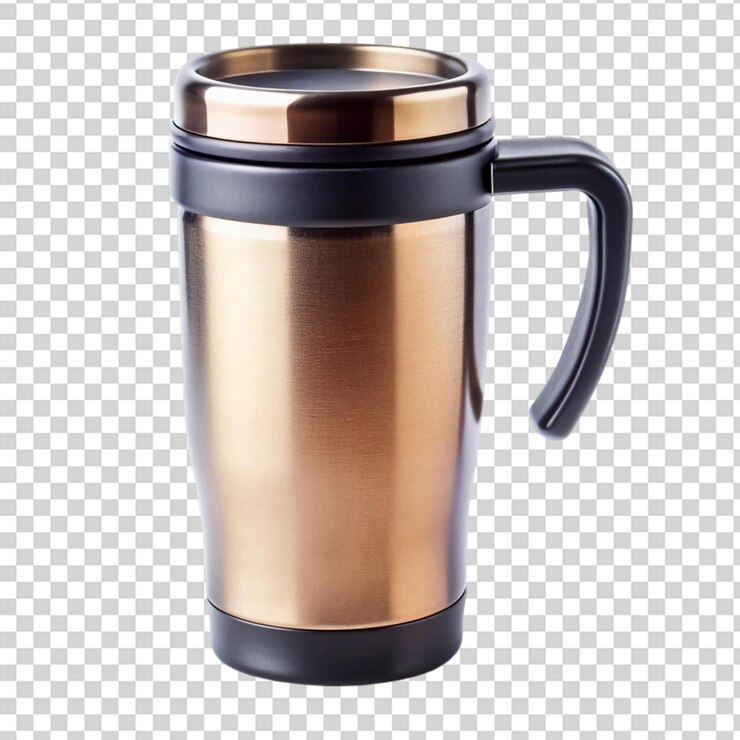 PSD taza térmica de aluminio aislada sobre un fondo transparente