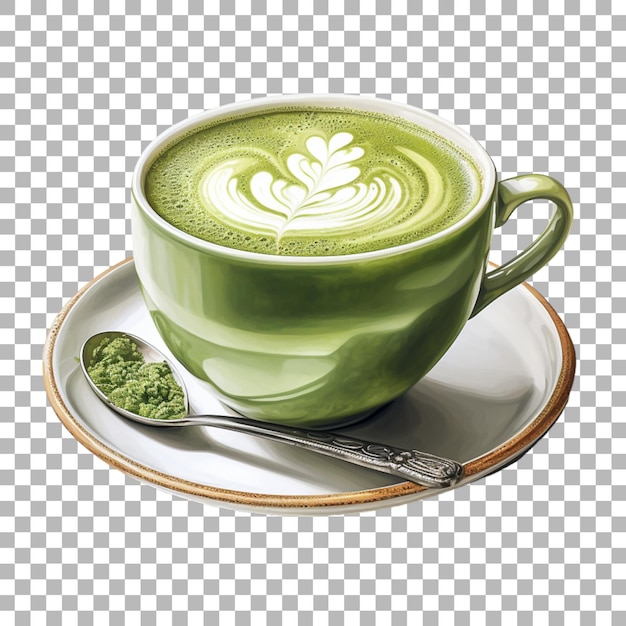 PSD una taza verde de latte con una cuchara en un platillo