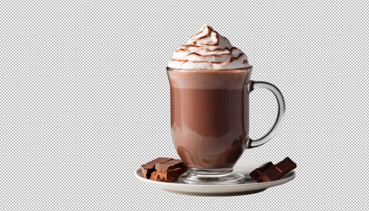 PSD una taza de vidrio de chocolate caliente que calienta los corazones