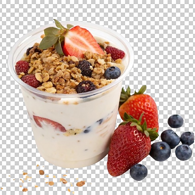 Taza de yogur con granola y bayas frescas en la parte superior