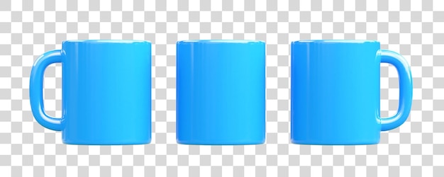 Tazas de cerámica azul o tazas vacías para beber café o té sobre fondo blanco vista frontal 3d render