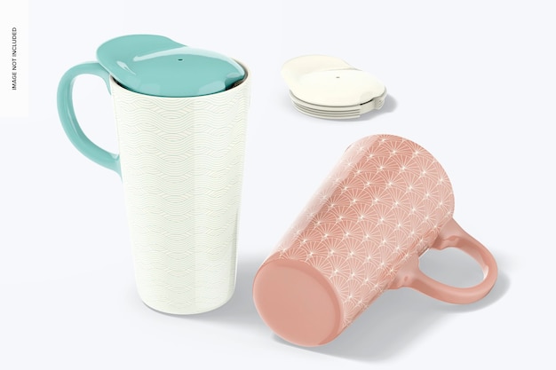Tazas de cerámica grandes con maqueta de tapa, de pie y caídas