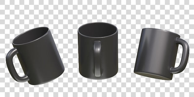 Tazas de cerámica negra o tazas vacías para beber café o té en white background 3d render