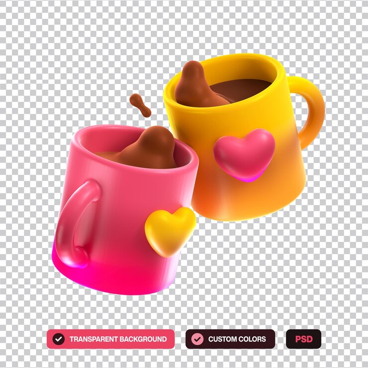 PSD tazas con emoji de café para el día de san valentín 3d ilustración del icono de renderización