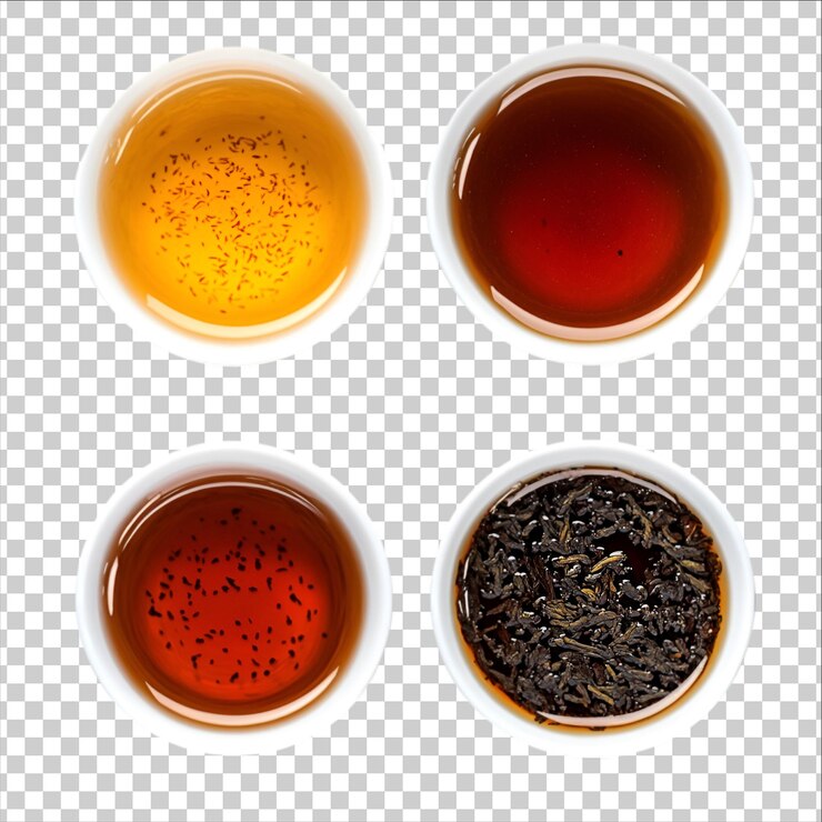 PSD tazas de té con diferentes colores en un fondo transparente
