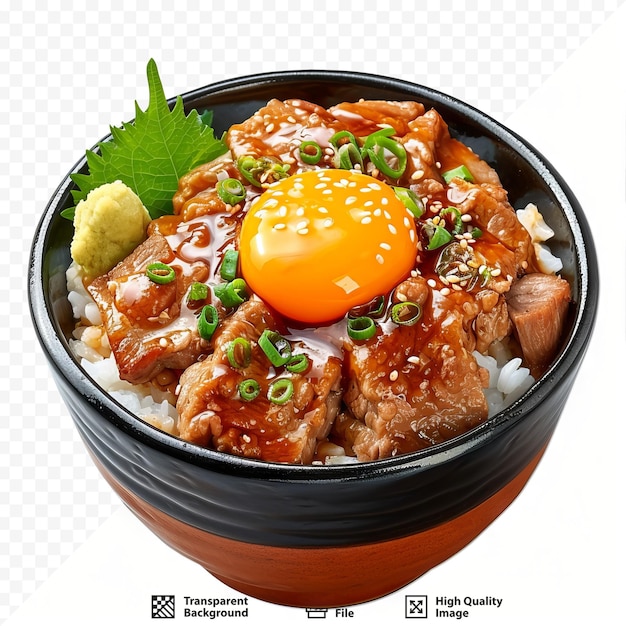 Un tazón de arroz de cerdo donburi con huevo onsen y verduras estilo de comida japonesa