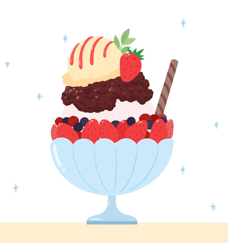 PSD un tazón azul con helado de frambuesa y un cono de helado de fresas