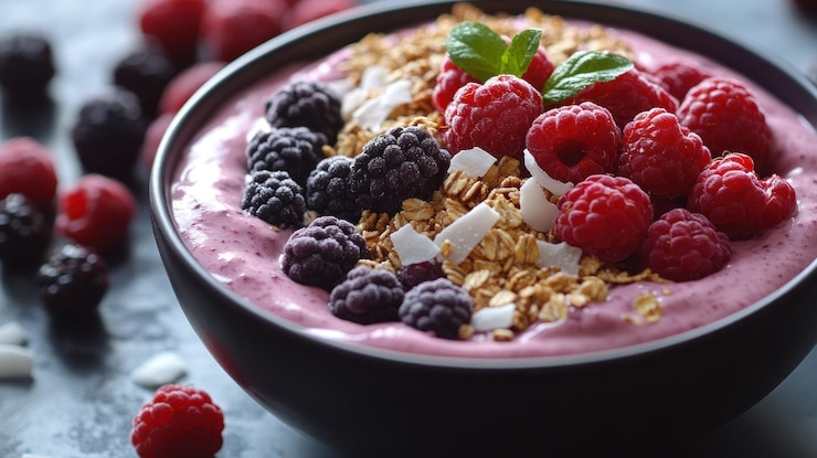 PSD un tazón de batido rosado cubierto de frambuesas frescas, moras, granola y coco triturado