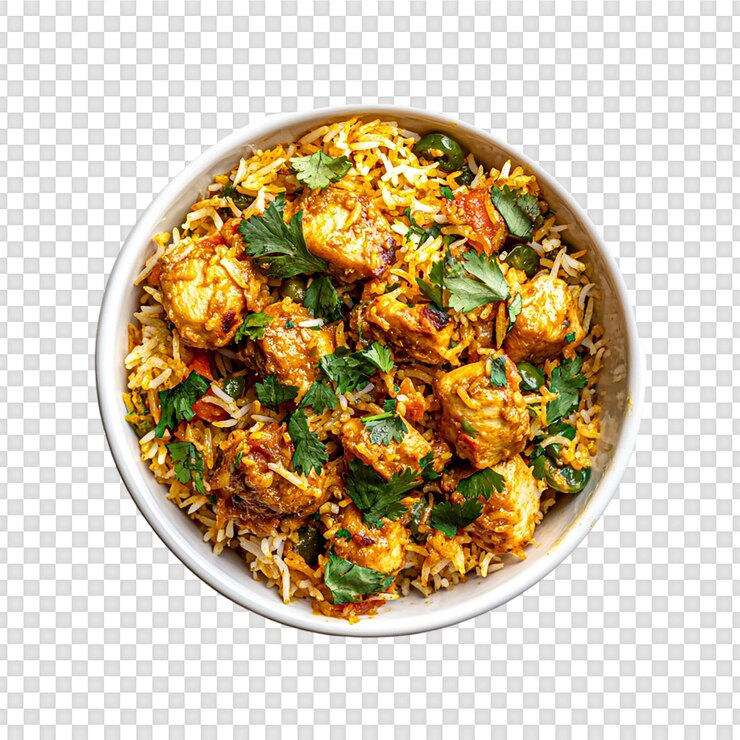 PSD un tazón de biryani con pedazos de pollo en un fondo transparente