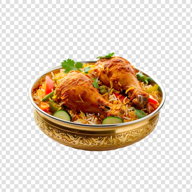 PSD un tazón de biryani con pedazos de pollo en un fondo transparente