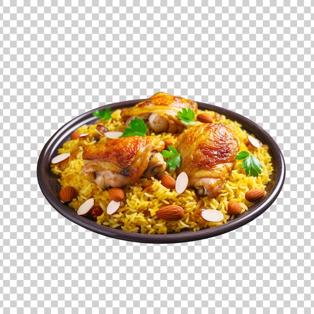 PSD un tazón de biryani con pedazos de pollo en un fondo transparente.