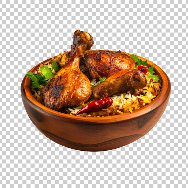 PSD un tazón de biryani con pedazos de pollo en un fondo transparente.