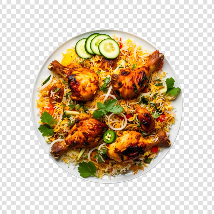 PSD un tazón de biryani con pedazos de pollo en un fondo transparente