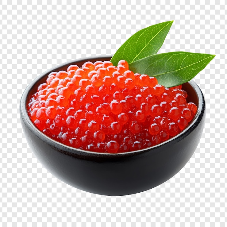 PSD un tazón de caviar rojo con hojas verdes