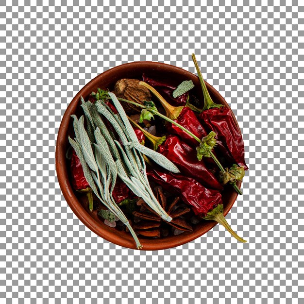 Tazón de chiles rojos y verdes y hierbas sobre fondo transparente