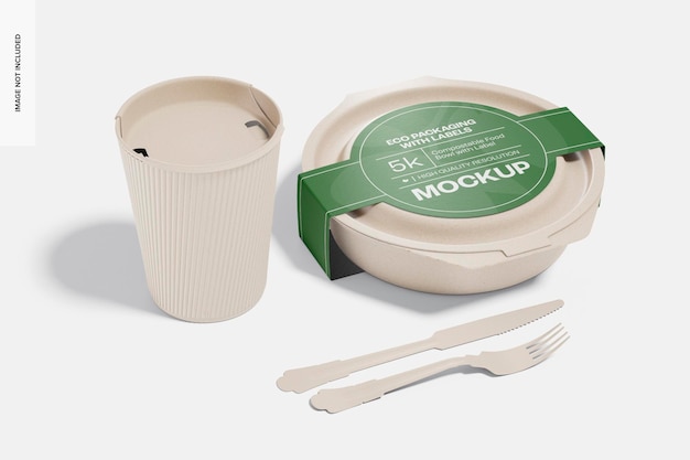 Tazón de comida compostable con maqueta de etiqueta