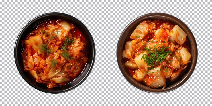 PSD tazón de comida coreana kimchi de repollo chino vista de arriba aislado en un fondo transparente
