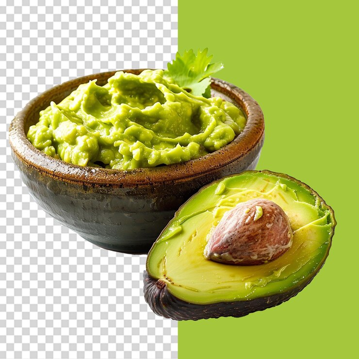 PSD un tazón de guacamole con una rebanada de aguacate png aislado en un fondo transparente