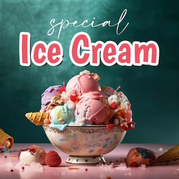 PSD un tazón de helado con las palabras helado especial