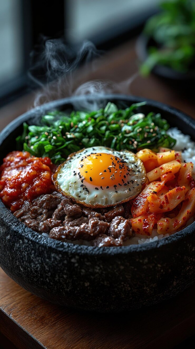 PSD un tazón humeante de bibimbap un plato coreano con arroz carne de res verduras un huevo frito y kimchi