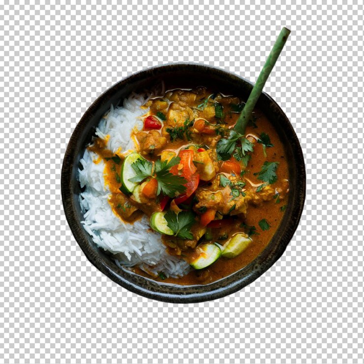 PSD un tazón humeante de curry tailandés perfumado con leche de coco y hierbas frescas fotografía de retrato