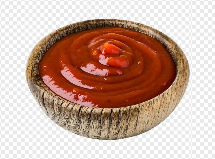 PSD un tazón de ketchup con una cuchara de madera en el fondo