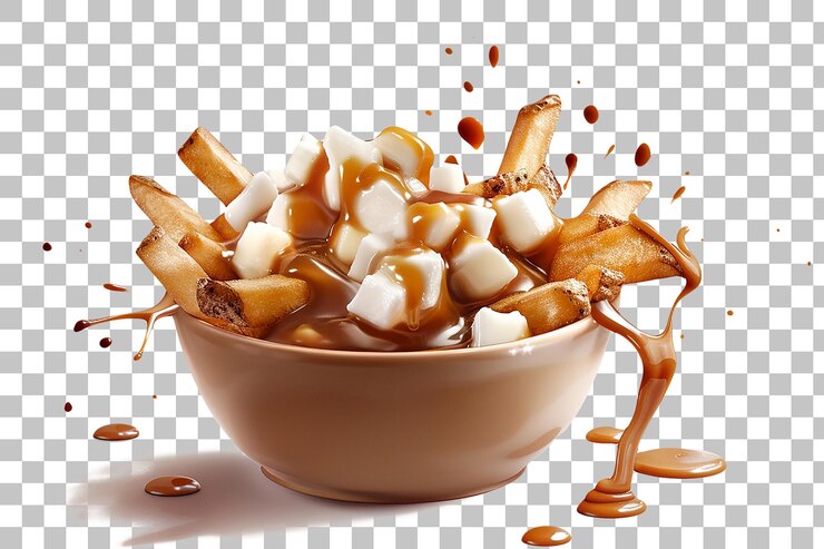 PSD un tazón de marshmallow canadiense poutine volando con queso con palitos de canela y palillos de canela