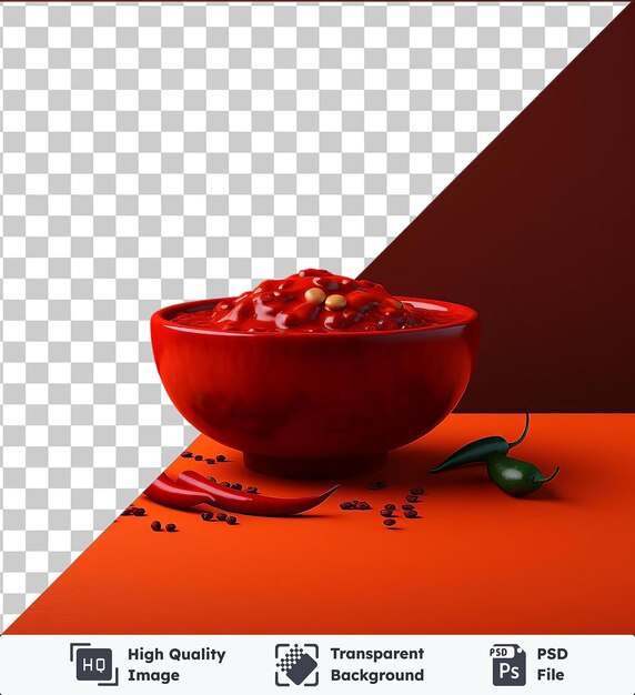 PSD un tazón picante de tomates chili y pimientos verdes de alta calidad y transparente en una mesa naranja contra una pared roja oscura