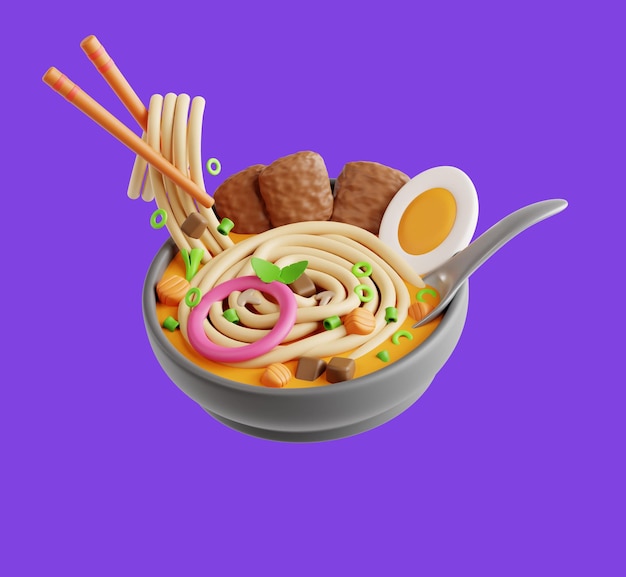 PSD un tazón de ramen con una cuchara y un fondo morado.