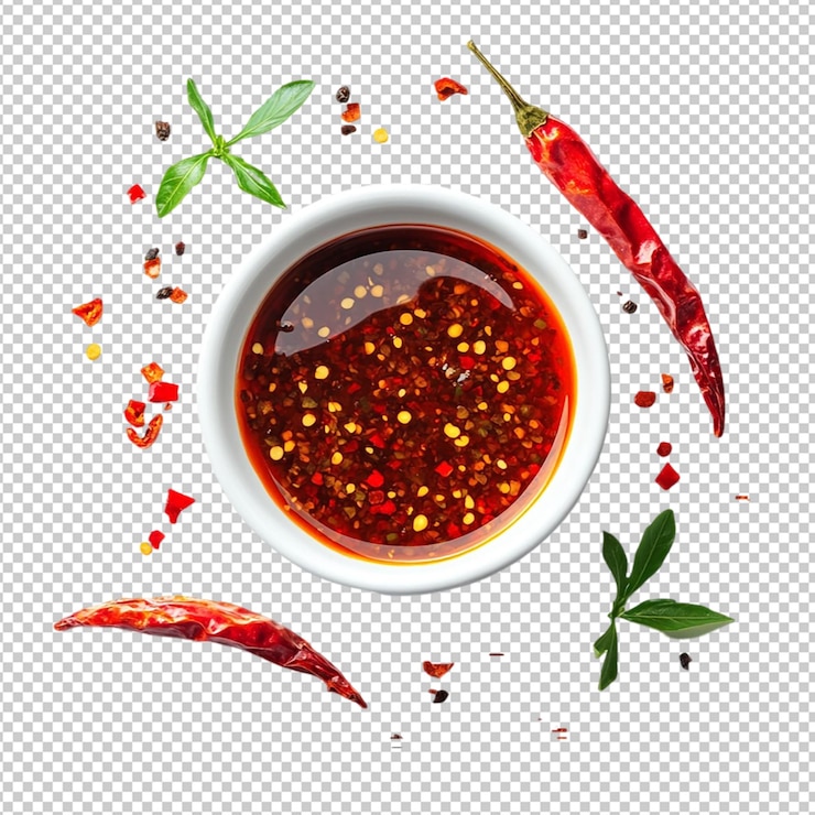 PSD un tazón de salsa roja con pimientos en el lado sobre un fondo transparente