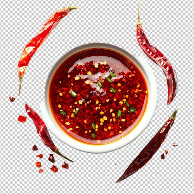 Un tazón de salsa roja con pimientos en el lado sobre un fondo transparente