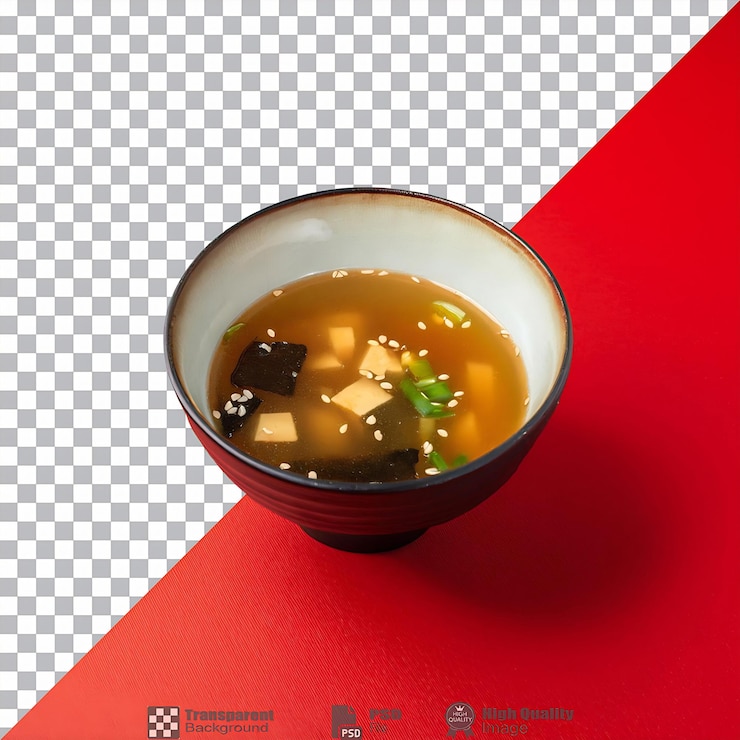 PSD un tazón de sopa clara con tofu y guarniciones aisladas