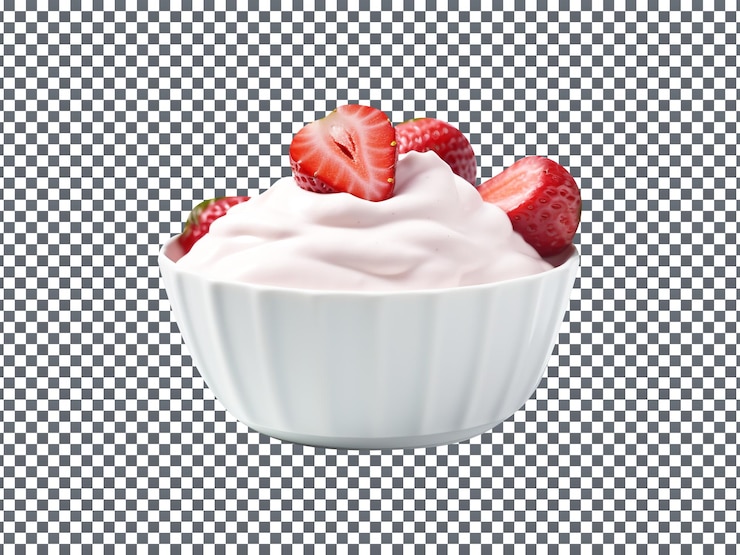 PSD un tazón de yogur de fresa aislado sobre un fondo transparente
