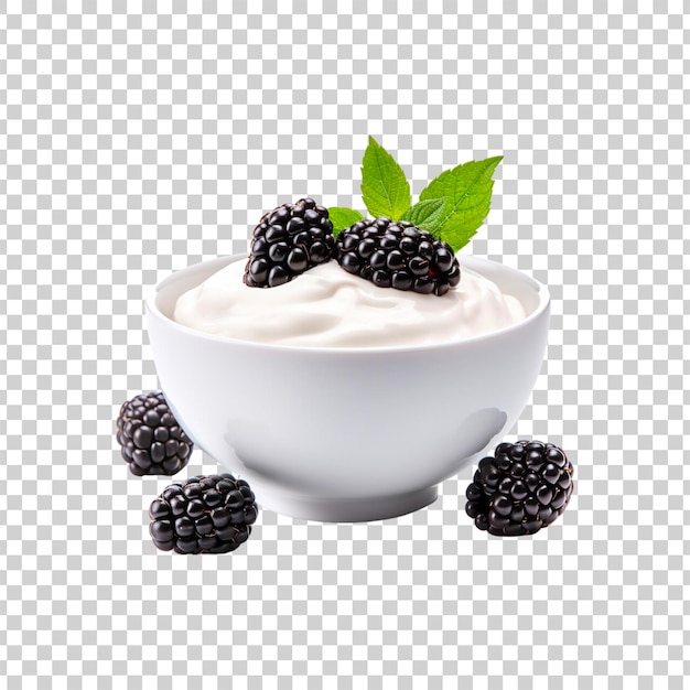 Un tazón de yogur con moras en un fondo transparente