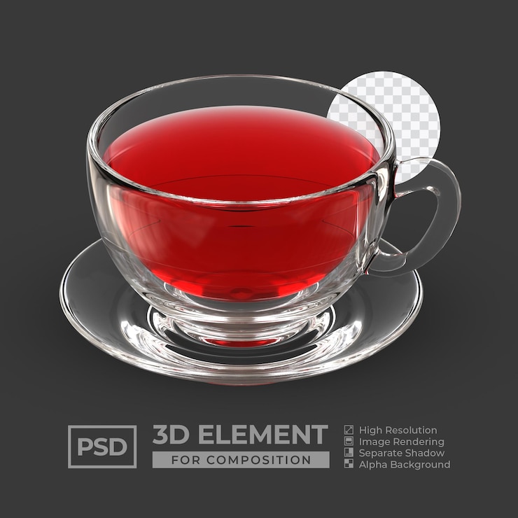 PSD tazza da tè rossa in vetro 3d realistica per composizione premium psd