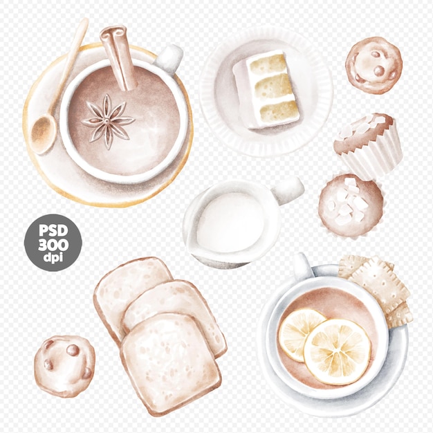 Tazza di caffè e tazza di tè con torte e biscotti disegnati a mano clipart