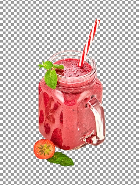 Tazza fresca di frullato di bacche rosse con una cannuccia su sfondo trasparente