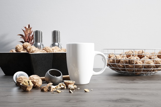 tazza in ceramica con noci e ciotole crude
